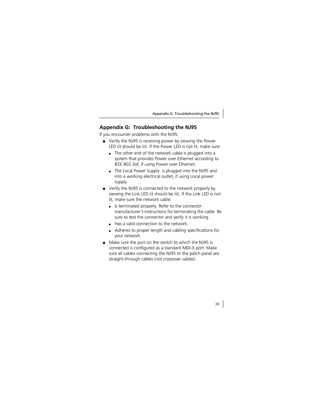 3Com 3CNJ95 manual Appendix G Troubleshooting the NJ95 