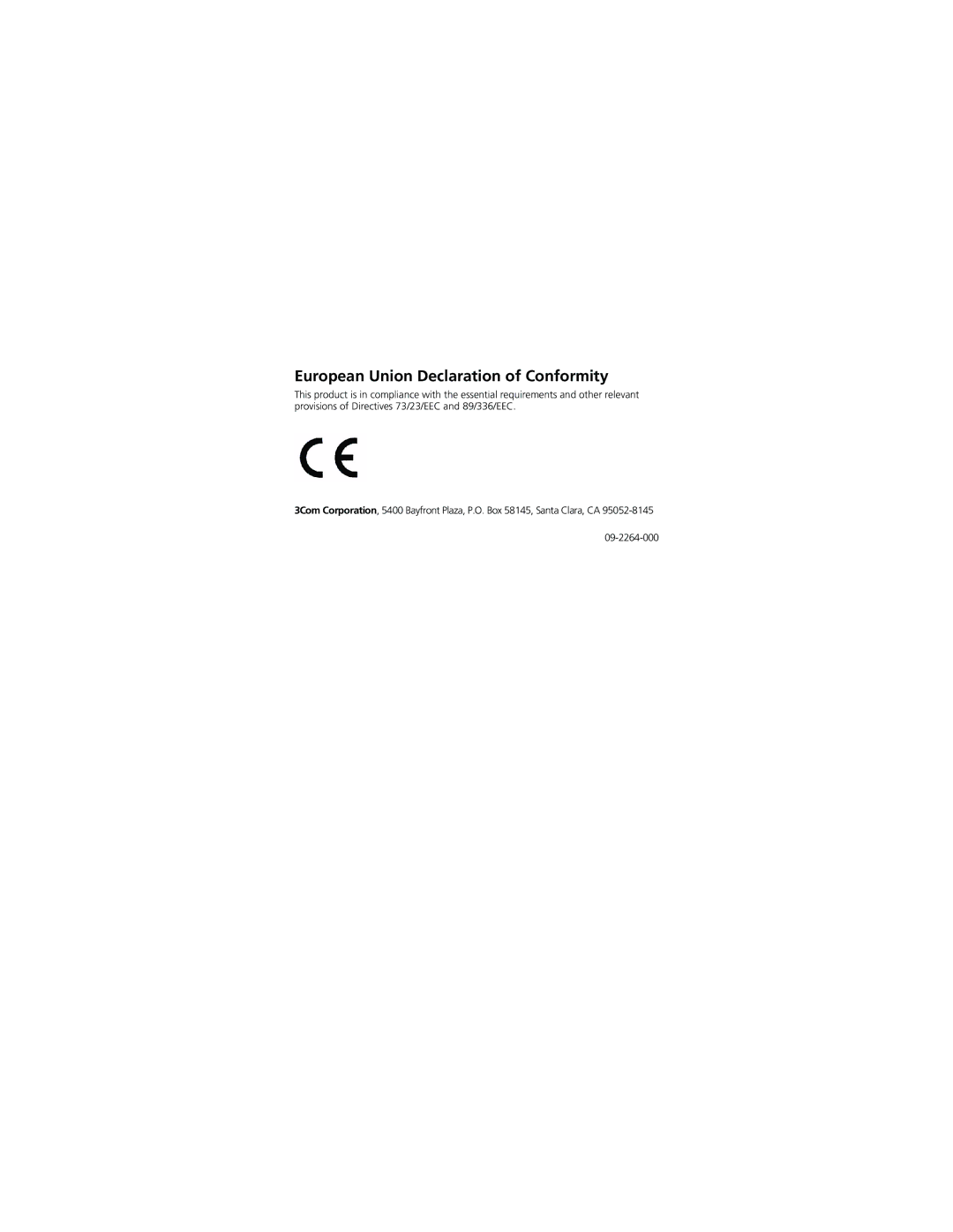 3Com 3CNJ95 manual European Union Declaration of Conformity 