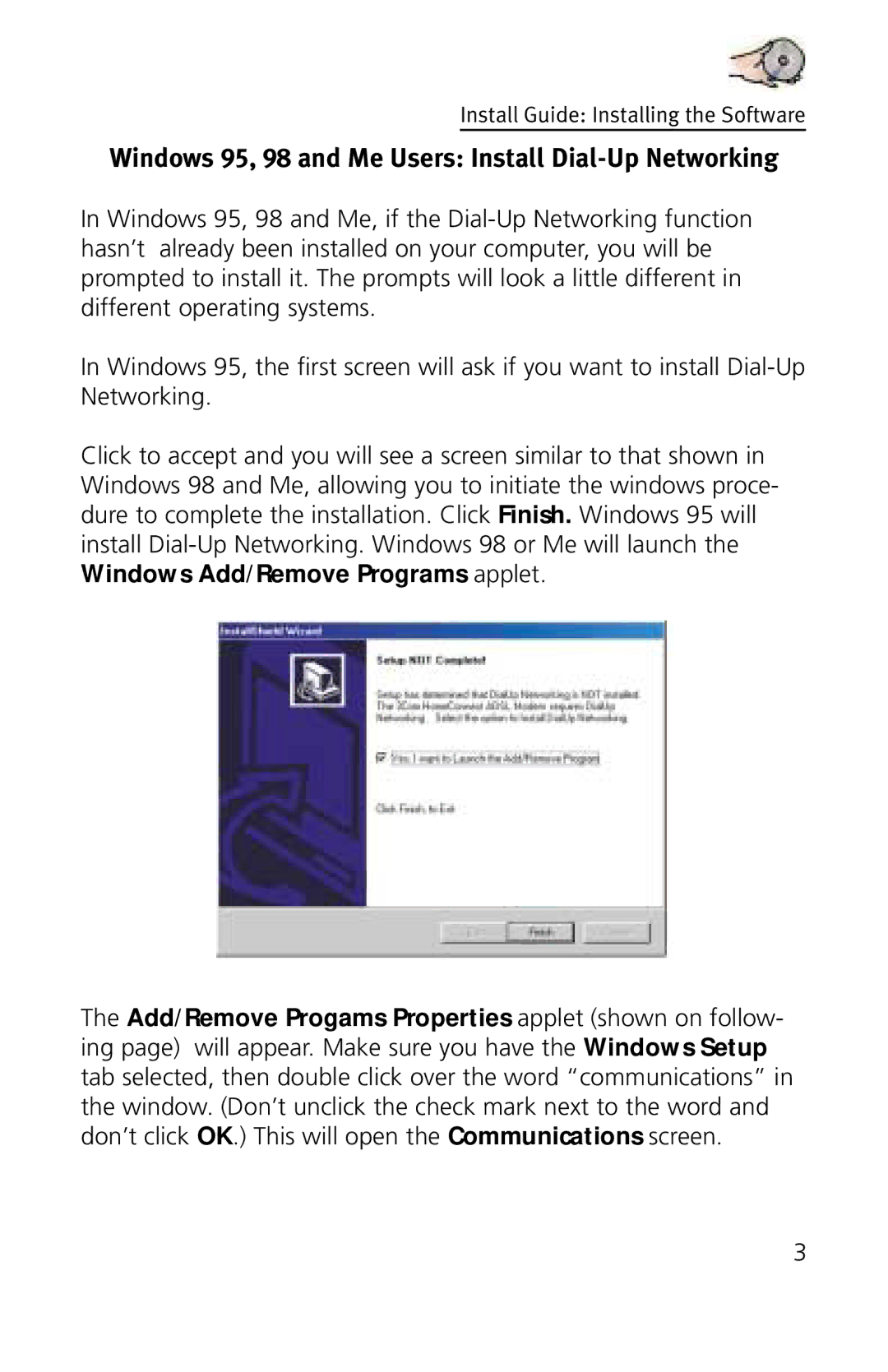 3Com 3CP3617B quick start Windows 95, 98 and Me Users Install Dial-Up Networking 