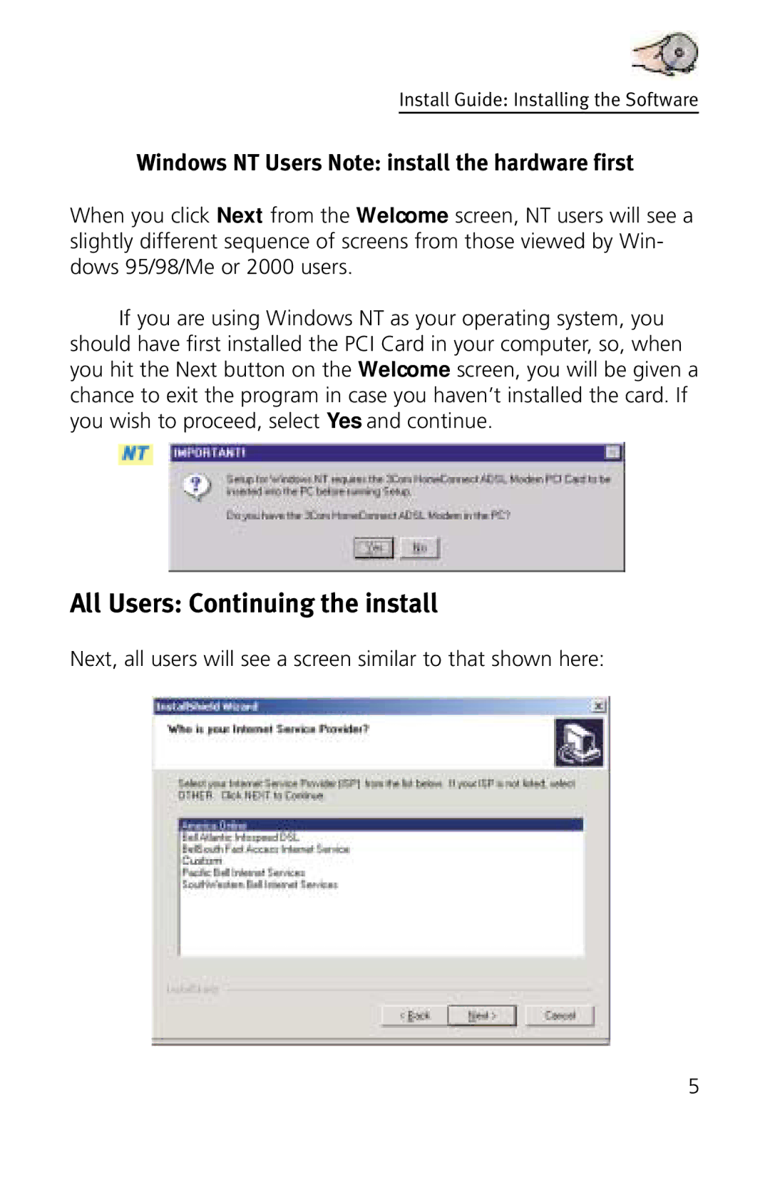 3Com 3CP3617B quick start All Users Continuing the install, Windows NT Users Note install the hardware first 