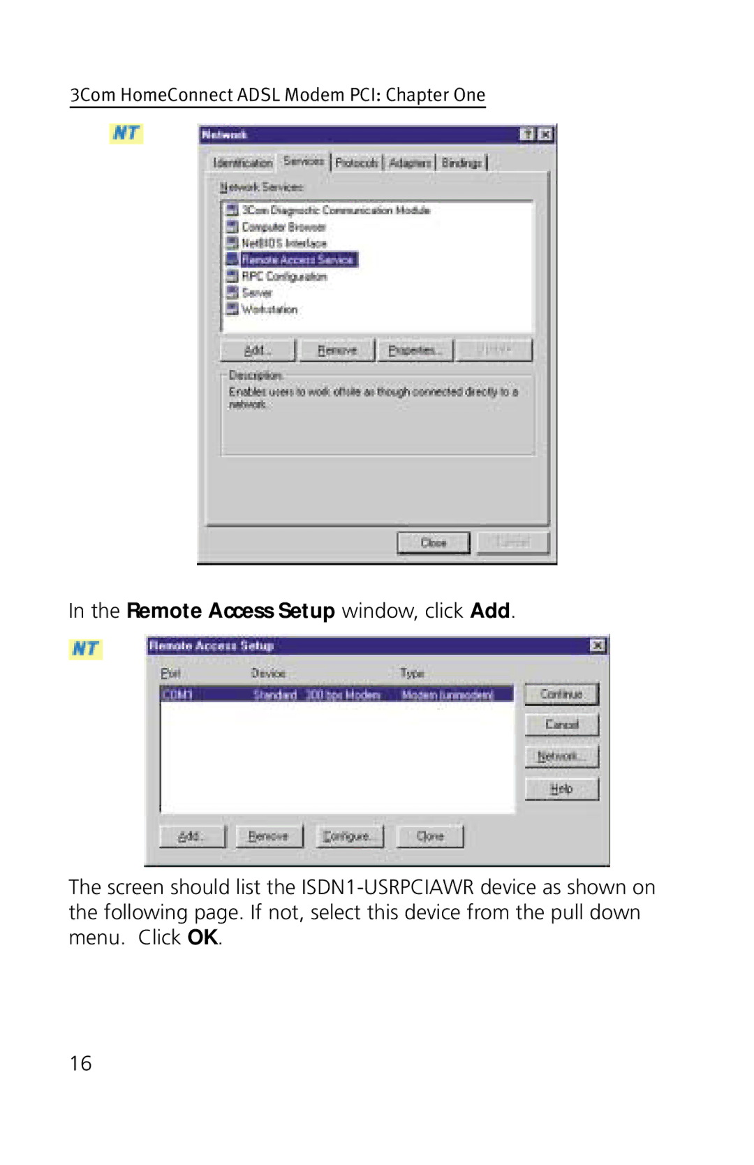 3Com 3CP3617B quick start Remote Access Setup window, click Add 