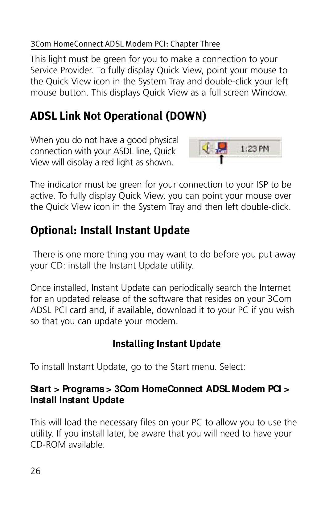 3Com 3CP3617B quick start Adsl Link Not Operational Down, Optional Install Instant Update, Installing Instant Update 