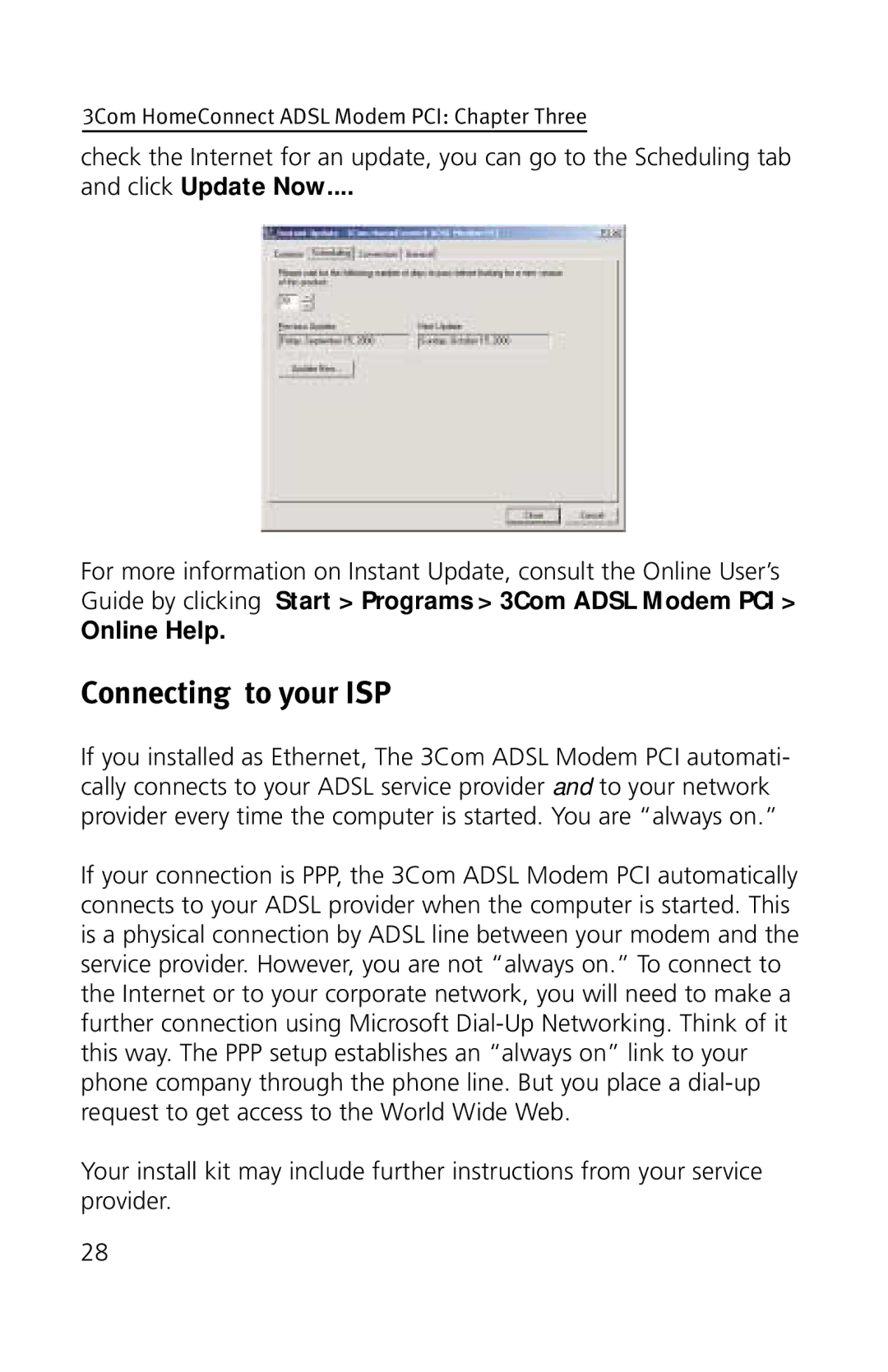 3Com 3CP3617B quick start Connecting to your ISP, Click Update Now, Online Help 