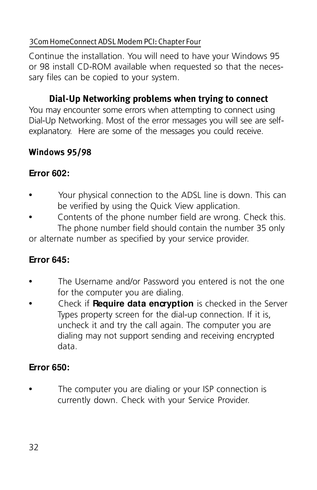 3Com 3CP3617B quick start Dial-Up Networking problems when trying to connect, Windows 95/98 Error 