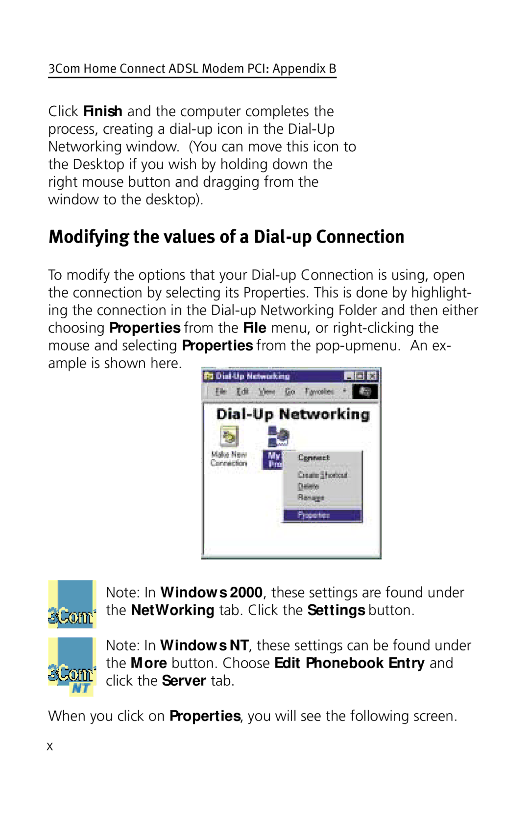 3Com 3CP3617B quick start Modifying the values of a Dial-up Connection 