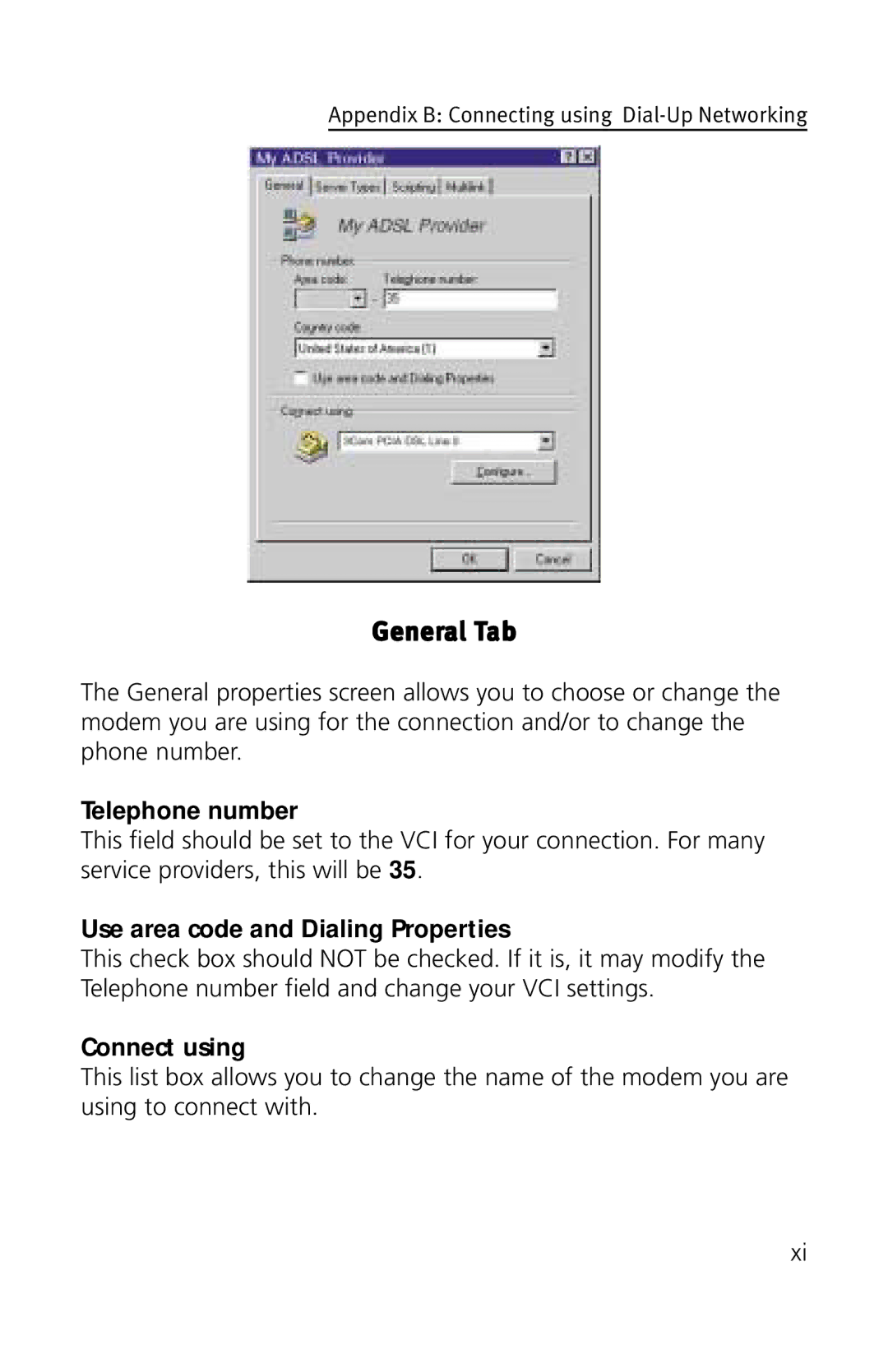 3Com 3CP3617B quick start General Tab, Telephone number, Use area code and Dialing Properties, Connect using 