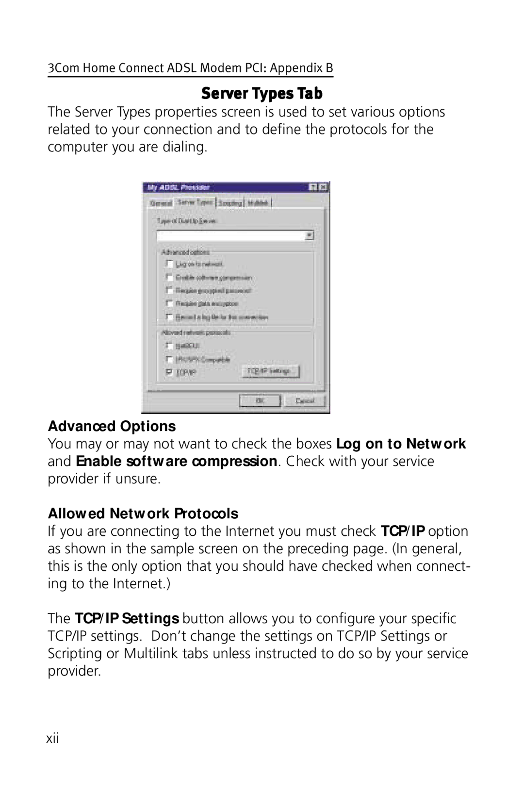 3Com 3CP3617B quick start Server Types Tab, Advanced Options, Allowed Network Protocols 