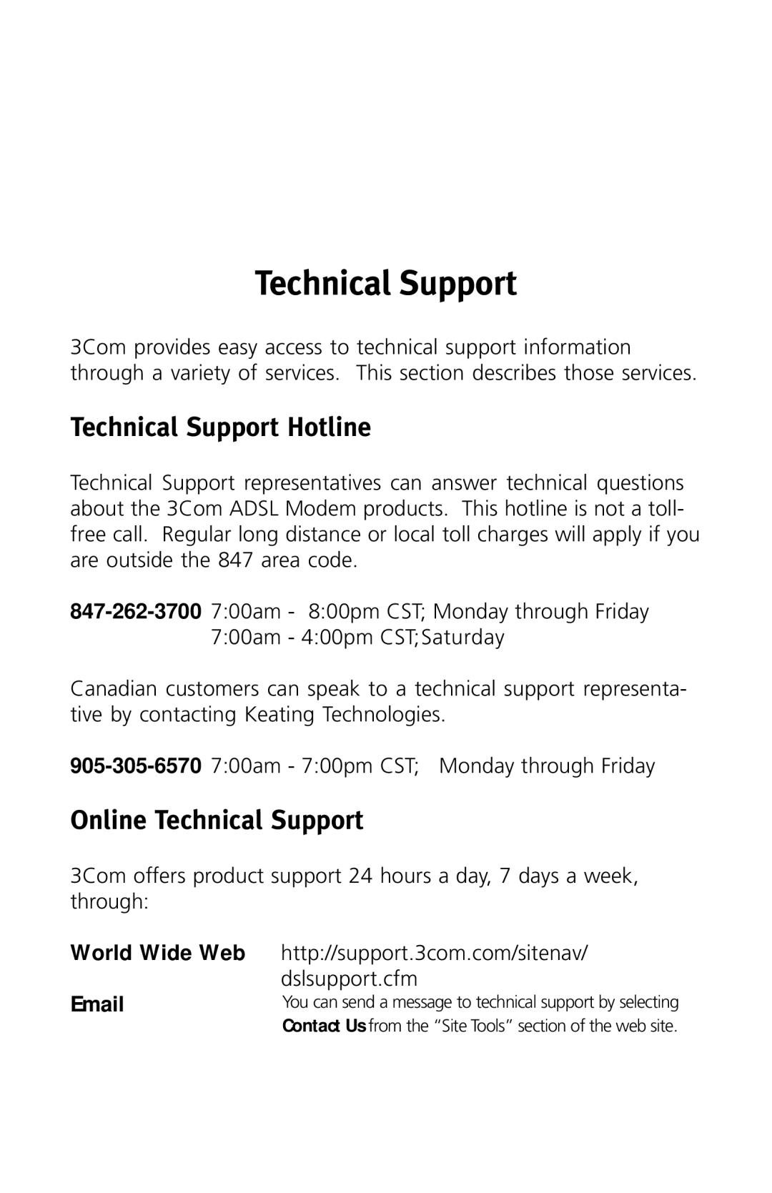 3Com 3CP3617B quick start Technical Support Hotline, Online Technical Support, World Wide Web 