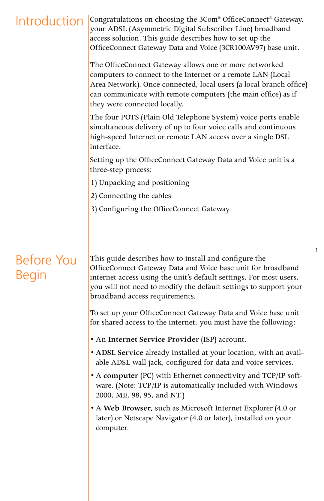 3Com 3CR100AV97 quick start Introduction Before You Begin, An Internet Service Provider ISP account 