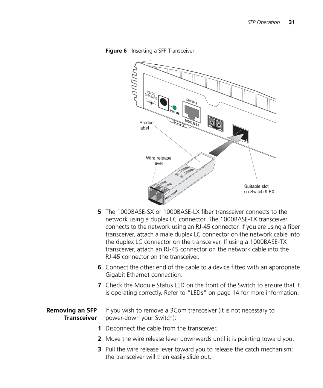 3Com 3CR16709-91, 3CR16708-91 manual Inserting a SFP Transceiver 