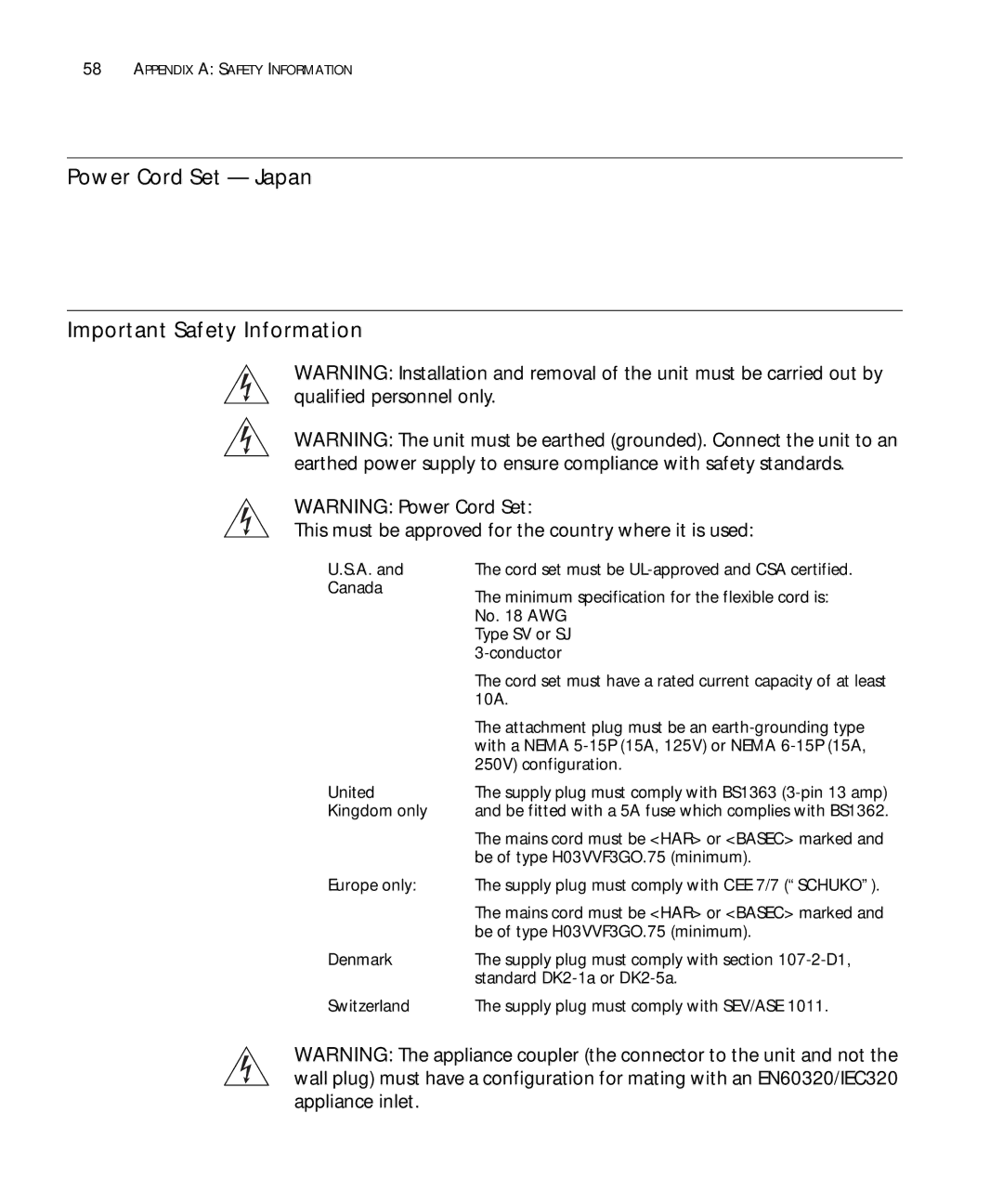 3Com 3CR16708-91 Power Cord Set Japan Important Safety Information, This must be approved for the country where it is used 