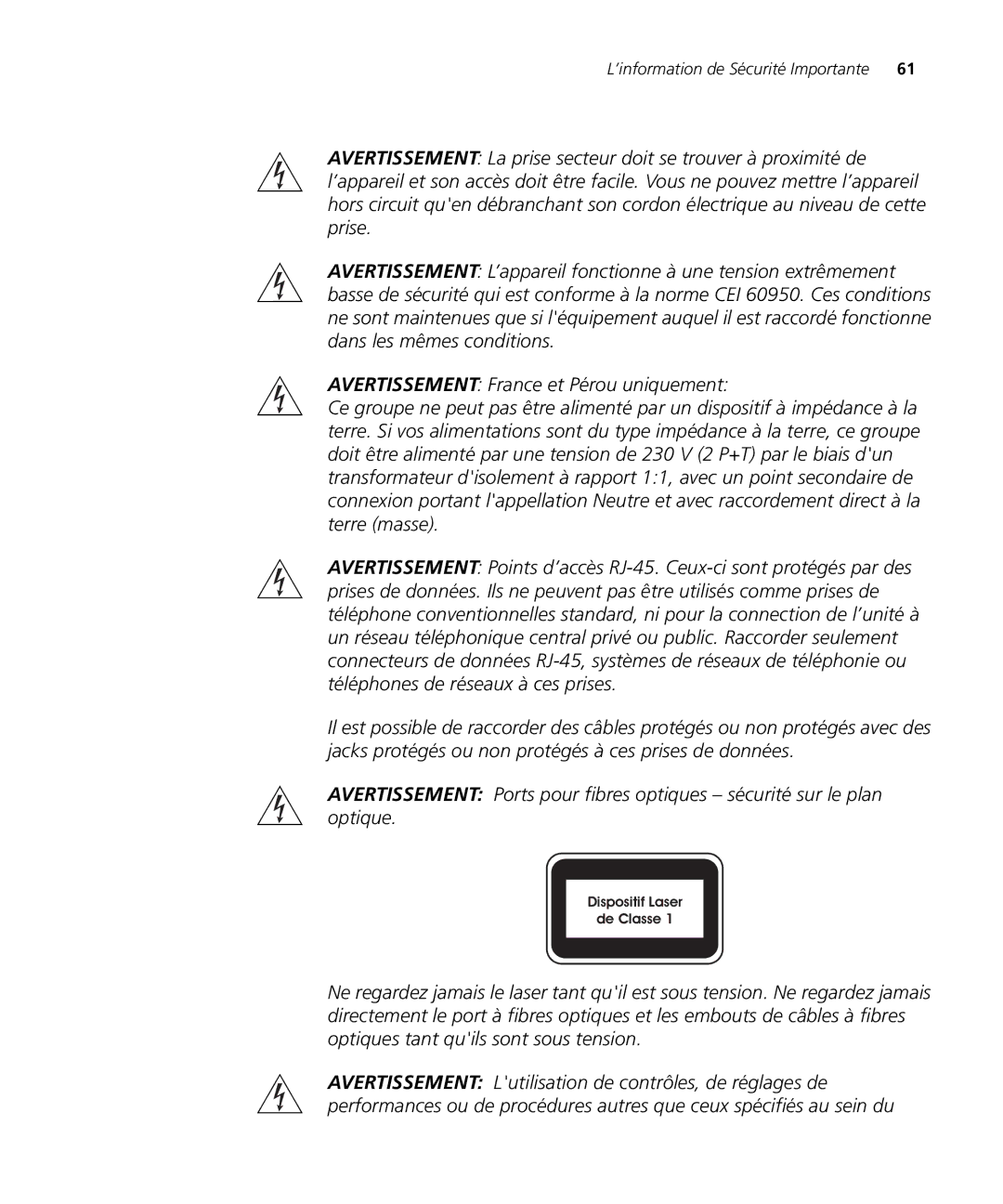 3Com 3CR16709-91, 3CR16708-91 manual ’information de Sécurité Importante 