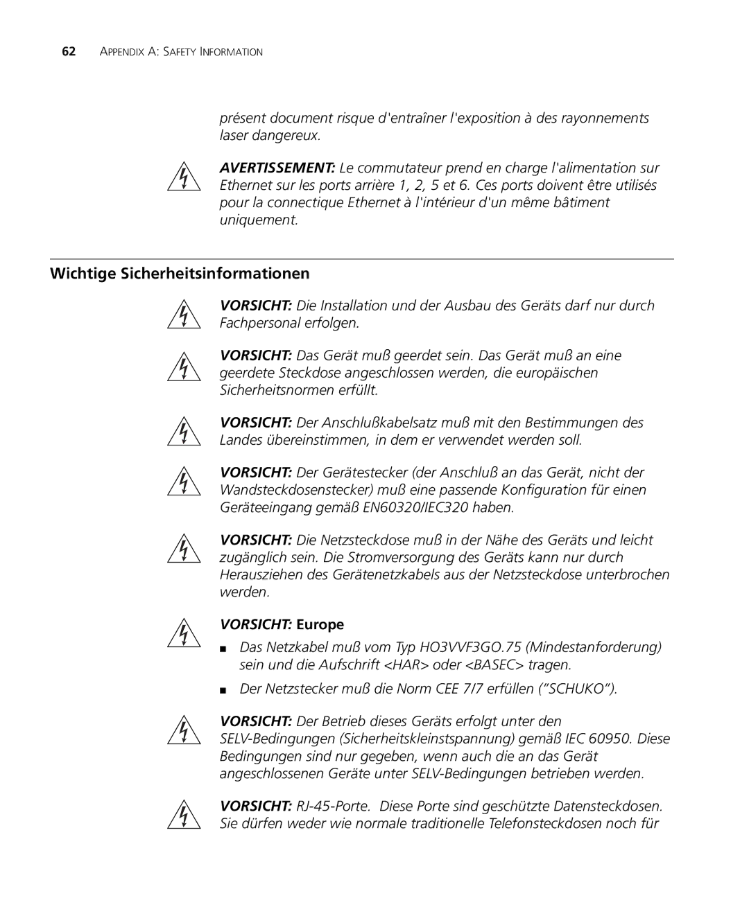 3Com 3CR16708-91, 3CR16709-91 manual Wichtige Sicherheitsinformationen, Vorsicht Europe 