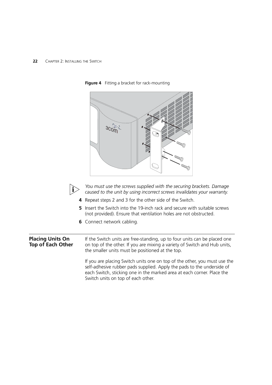 3Com 3CR17450-91, 3CR17451-91 Repeat steps 2 and 3 for the other side of the Switch, Fitting a bracket for rack-mounting 