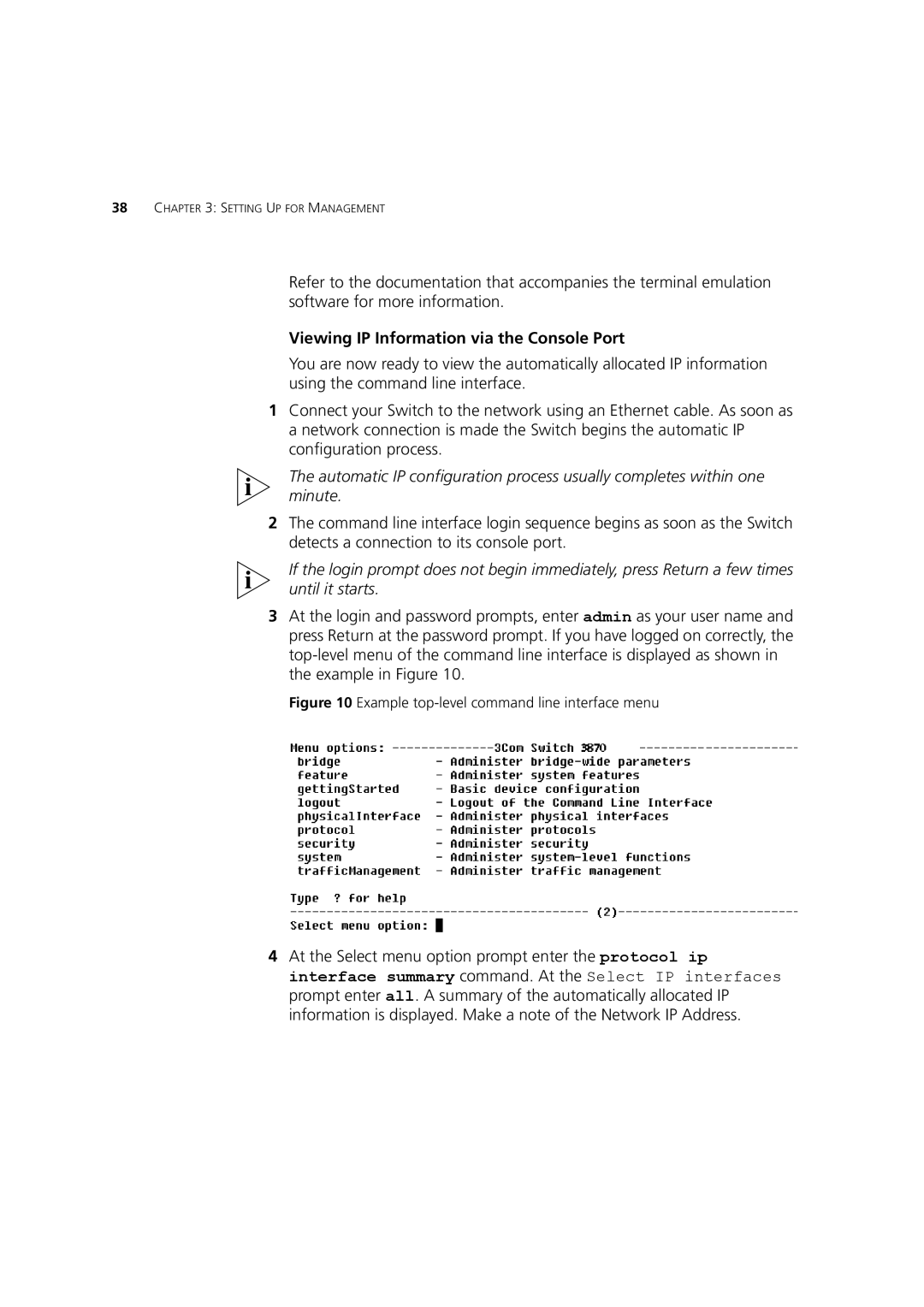 3Com 3CR17450-91, 3CR17451-91 Viewing IP Information via the Console Port, Example top-level command line interface menu 