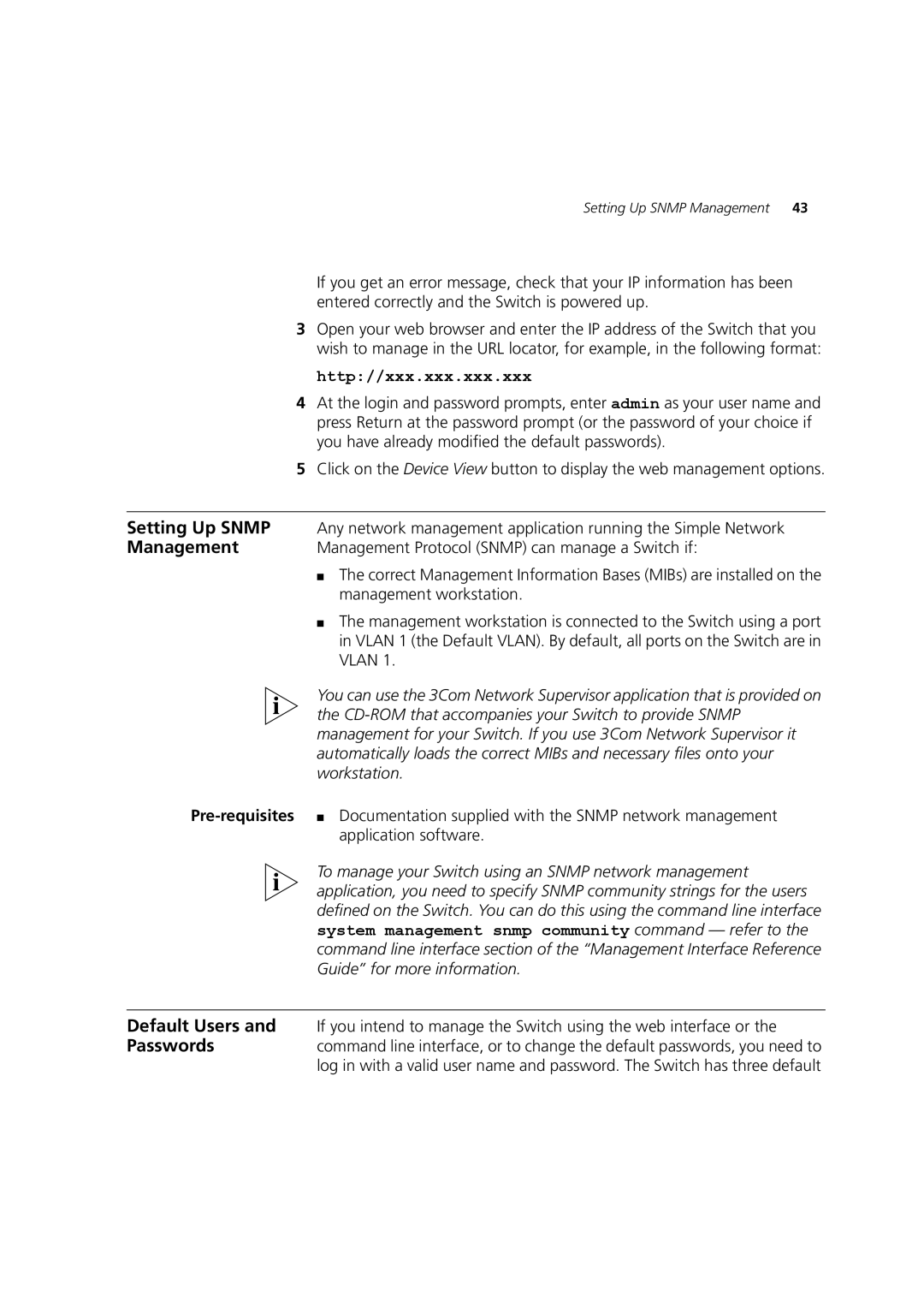 3Com 3CR17451-91, 3CR17450-91 manual Setting Up Snmp, Default Users, Passwords 