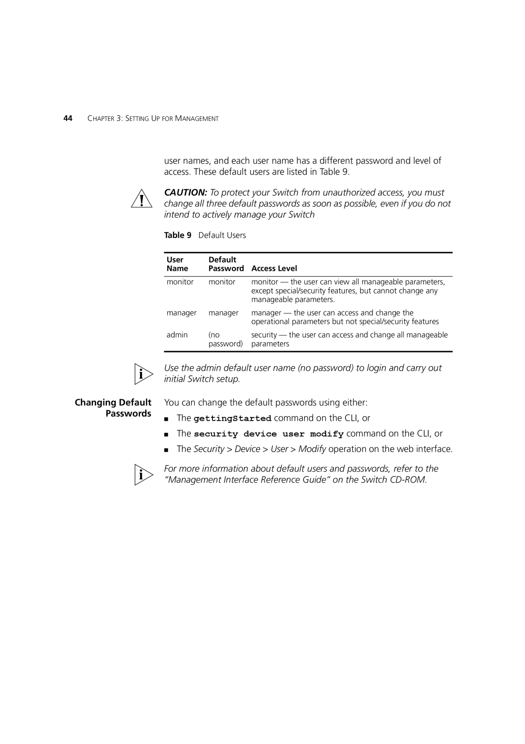 3Com 3CR17450-91 manual Security Device User Modify operation on the web interface, User Default Access Level Name Password 