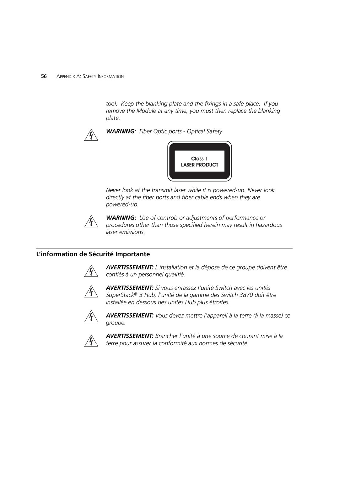 3Com 3CR17450-91, 3CR17451-91 manual ’information de Sécurité Importante, Class 