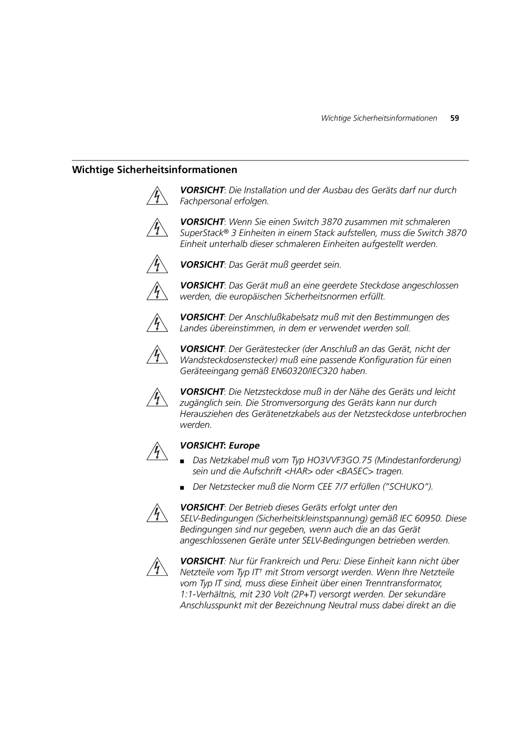 3Com 3CR17451-91, 3CR17450-91 manual Wichtige Sicherheitsinformationen, Vorsicht Europe 