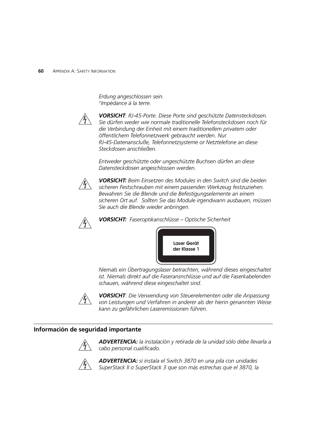 3Com 3CR17450-91, 3CR17451-91 manual Información de seguridad importante, Laser Gerät der Klasse 