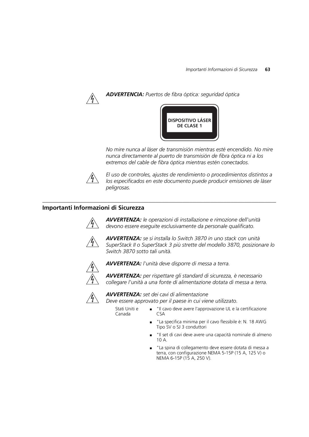 3Com 3CR17451-91, 3CR17450-91 manual Importanti Informazioni di Sicurezza, Csa 