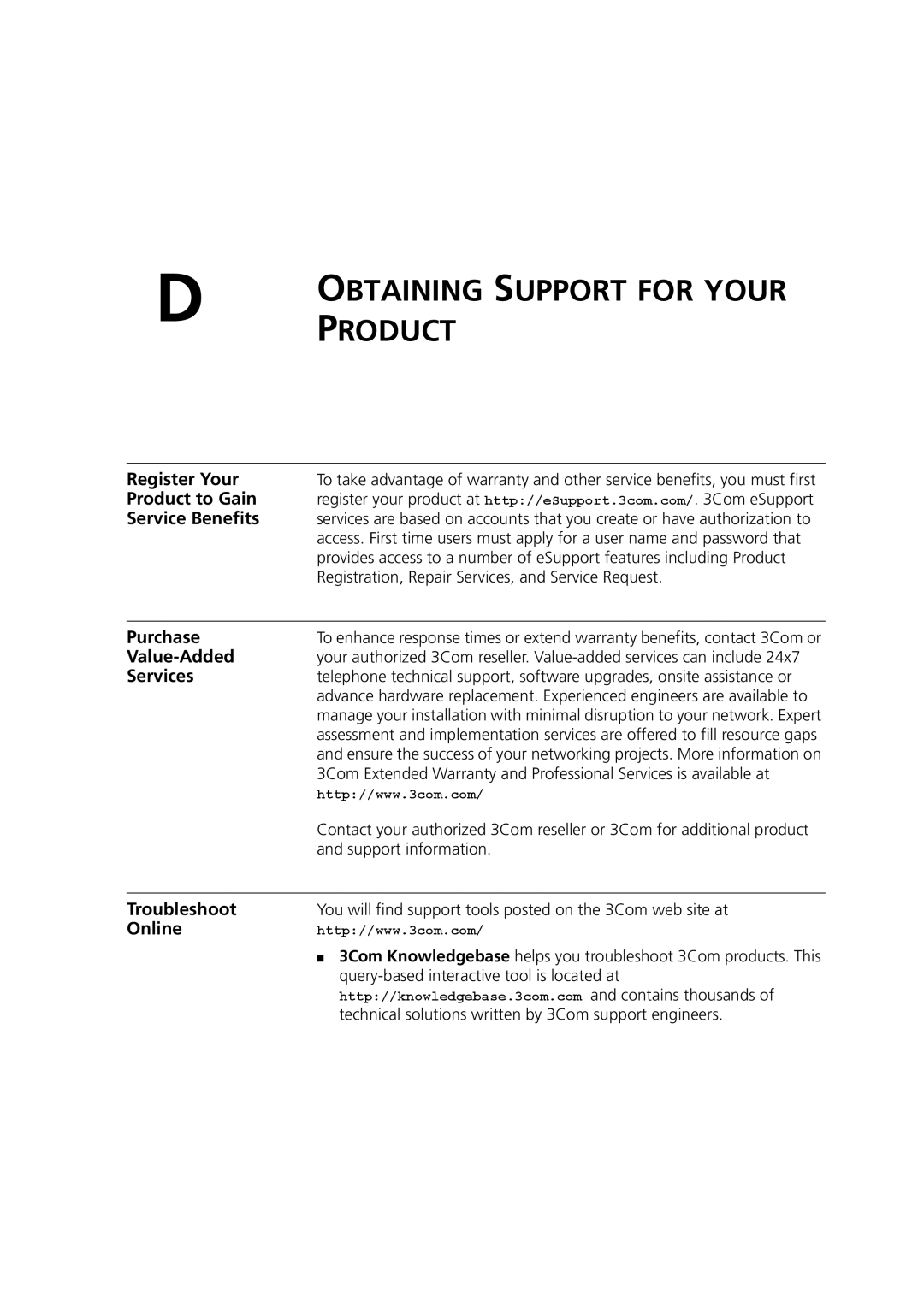 3Com 3CR17451-91 Register Your, Product to Gain Service Benefits, Purchase, Value-Added, Services, Troubleshoot, Online 