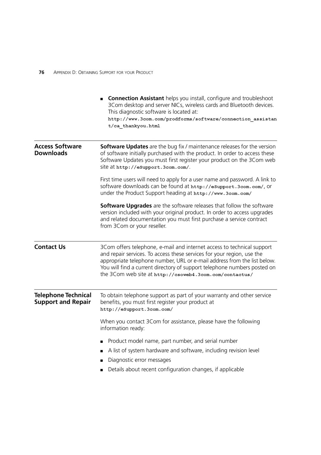 3Com 3CR17450-91, 3CR17451-91 manual Access Software, Downloads, Contact Us, Telephone Technical, Support and Repair 