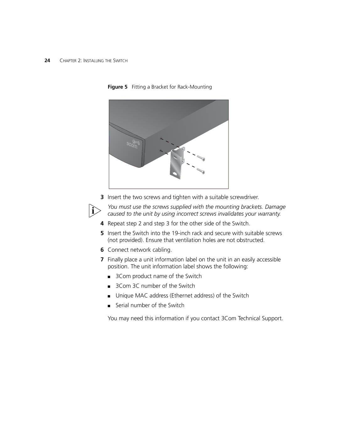 3Com 3CR17662-91, 3CR17661-91, 3CR17660-91 Repeat and for the other side of the Switch, Fitting a Bracket for Rack-Mounting 