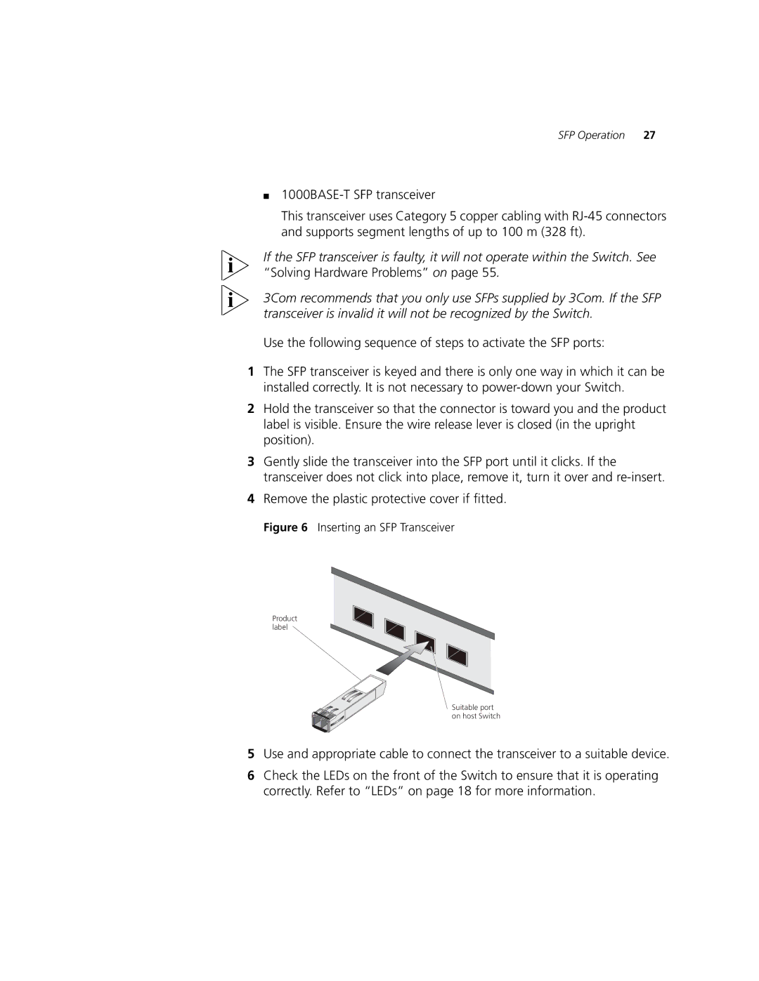 3Com 3CR17662-91, 3CR17661-91, 3CR17660-91 manual Remove the plastic protective cover if fitted, Inserting an SFP Transceiver 