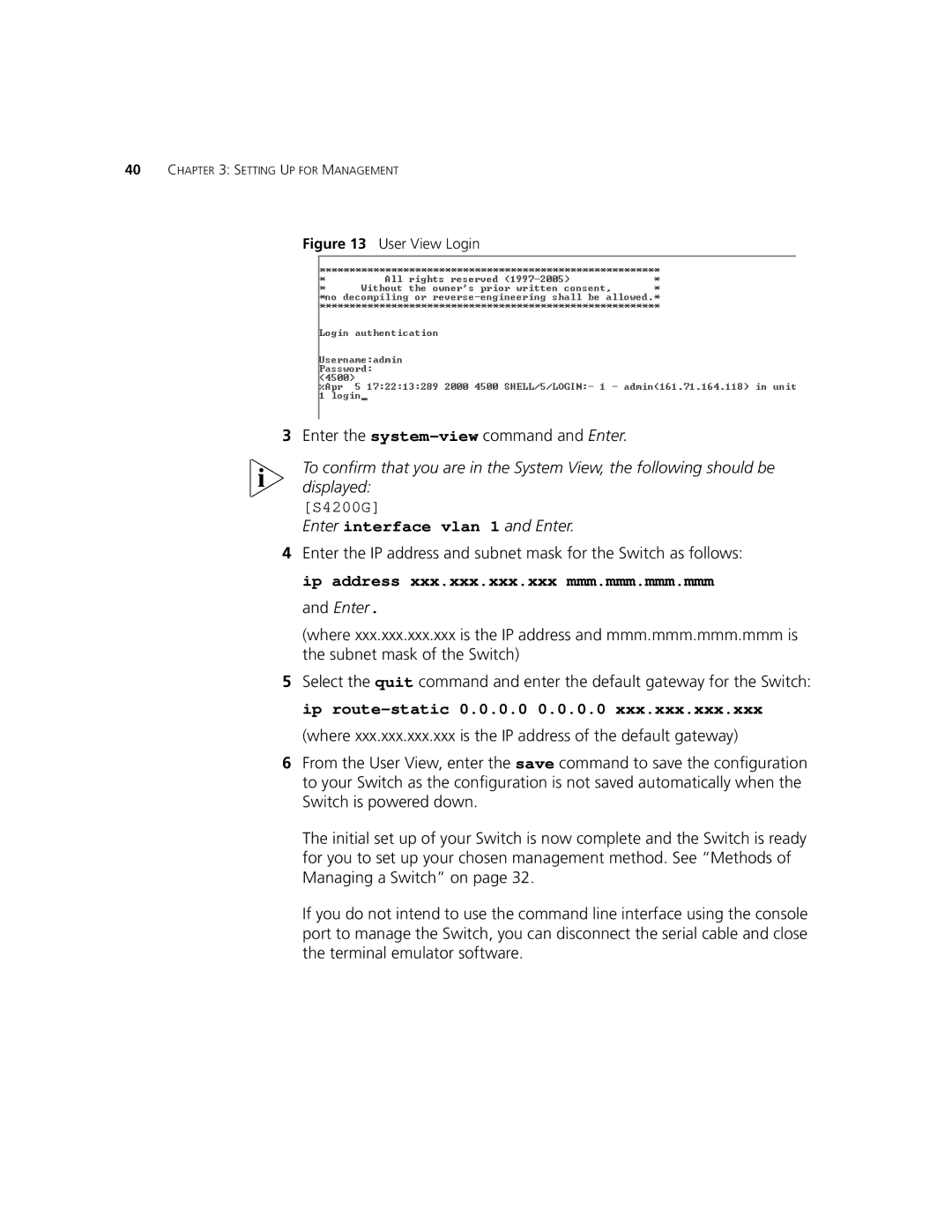 3Com 3CR17661-91, 3CR17662-91, 3CR17660-91 manual Enter the system-viewcommand and Enter, Enter interface vlan 1 and Enter 