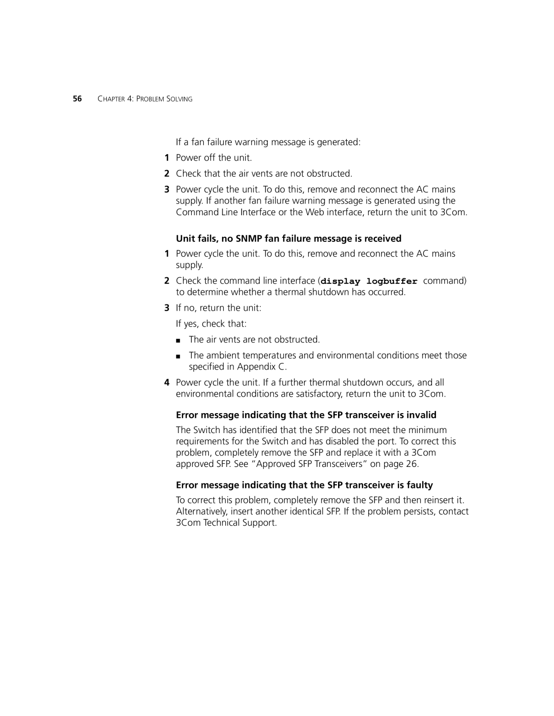 3Com 3CR17660-91, 3CR17662-91, 3CR17661-91 manual Unit fails, no Snmp fan failure message is received 