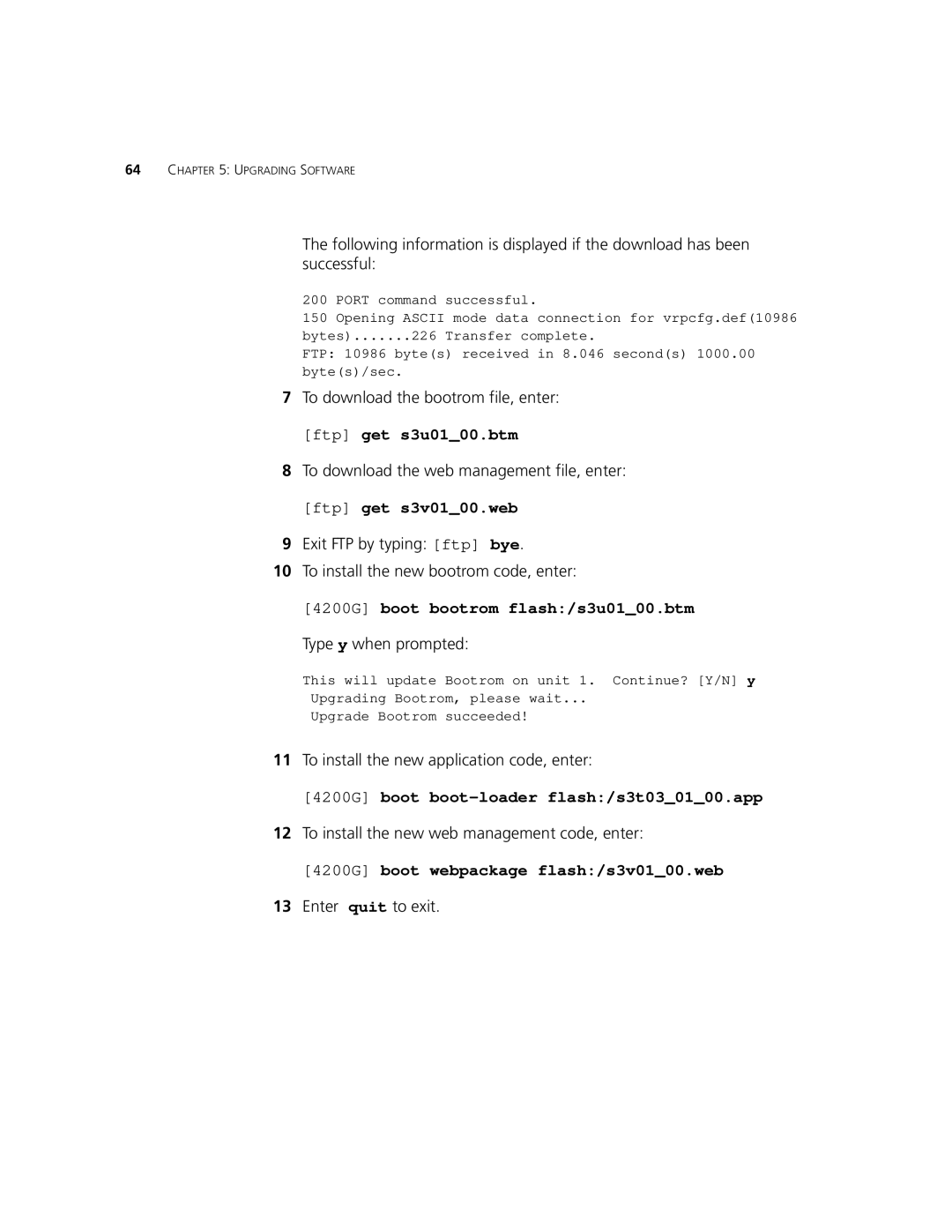 3Com 3CR17661-91, 3CR17662-91 manual To download the web management file, enter, Type y when prompted, Enter quit to exit 