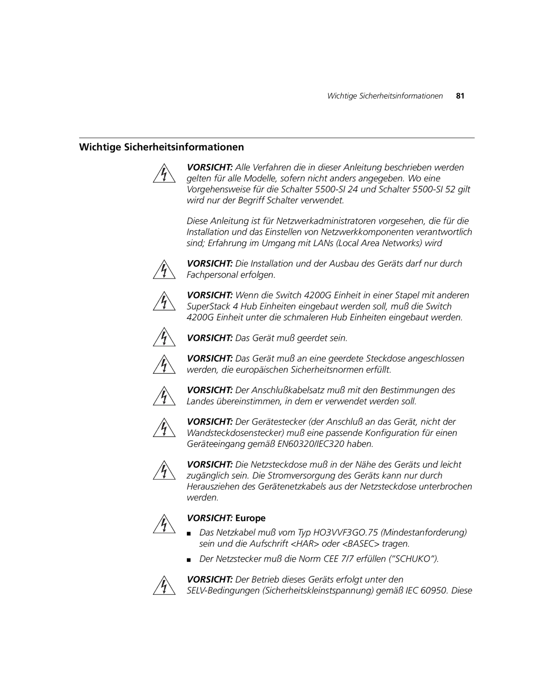 3Com 3CR17662-91, 3CR17661-91, 3CR17660-91 manual Wichtige Sicherheitsinformationen, Vorsicht Das Gerät muß geerdet sein 