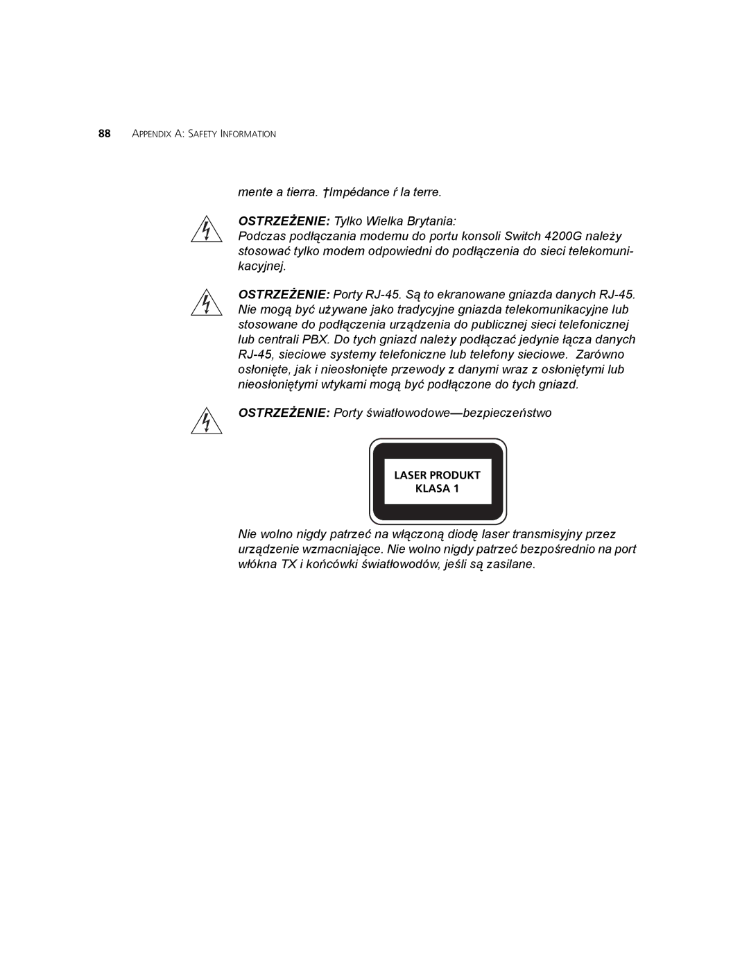 3Com 3CR17661-91, 3CR17662-91, 3CR17660-91 manual Ostrzeżenie Porty światłowodowe-bezpieczeństwo 