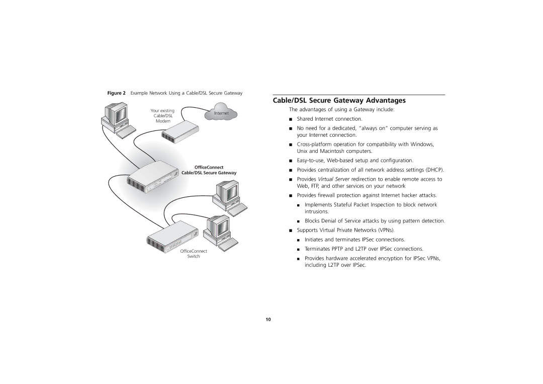 3Com 3CR856-95 manual Cable/DSL Secure Gateway Advantages, Example Network Using a Cable/DSL Secure Gateway 