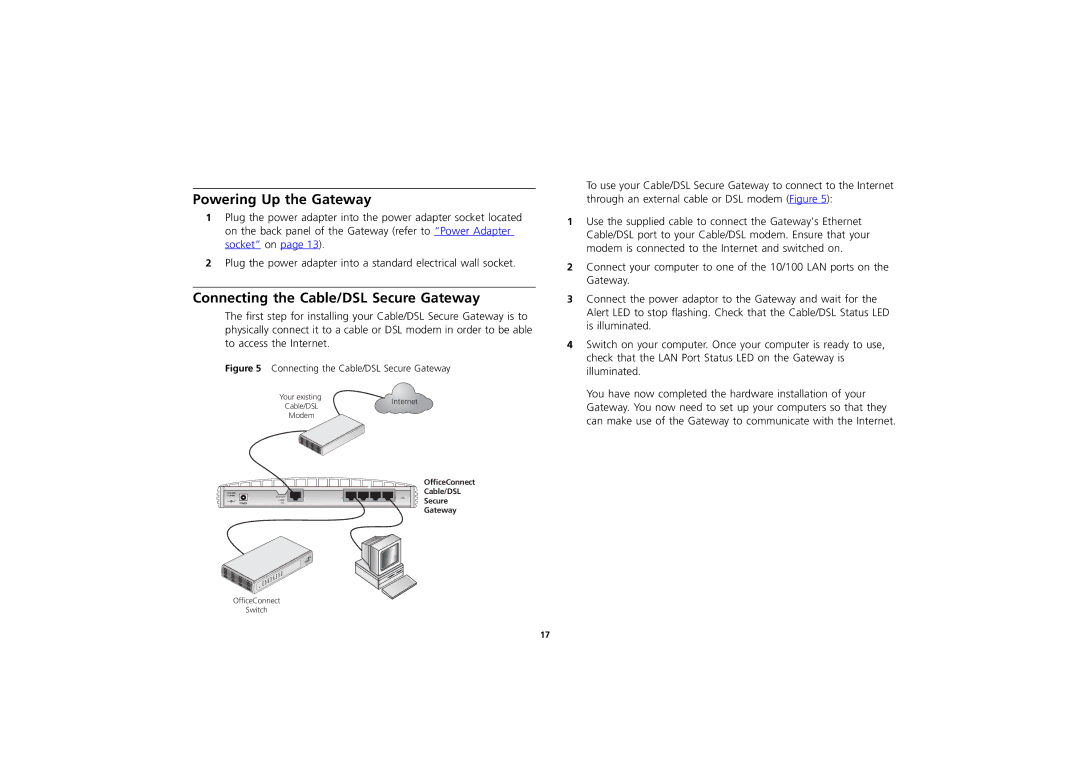 3Com 3CR856-95 manual Powering Up the Gateway, Connecting the Cable/DSL Secure Gateway 