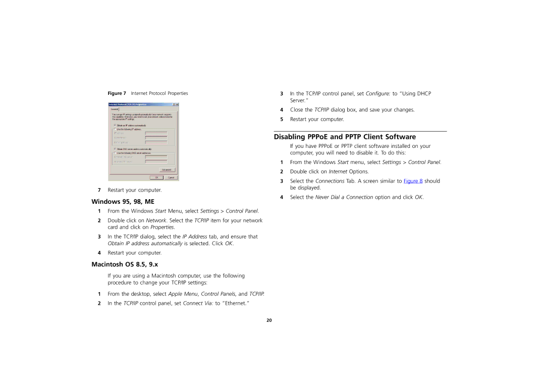 3Com 3CR856-95 manual Disabling PPPoE and Pptp Client Software, Windows 95, 98, ME, Macintosh OS 8.5 