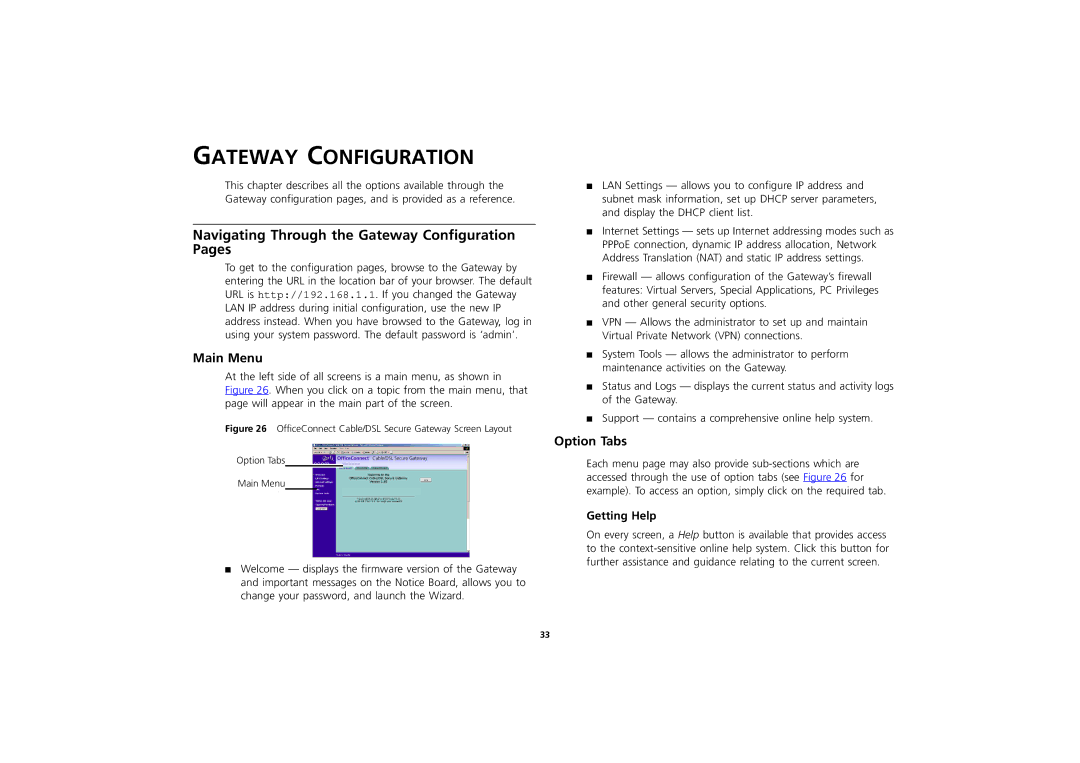 3Com 3CR856-95 manual Navigating Through the Gateway Configuration Pages, Main Menu, Option Tabs, Getting Help 