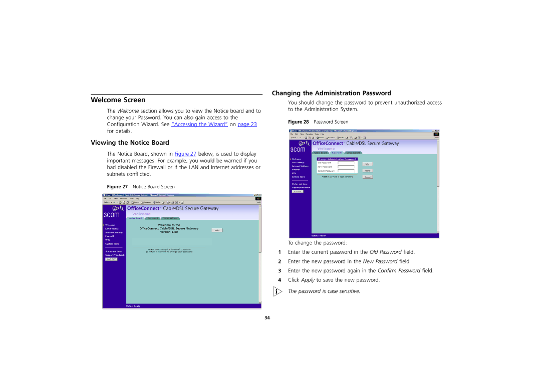 3Com 3CR856-95 manual Welcome Screen, Password Screen 