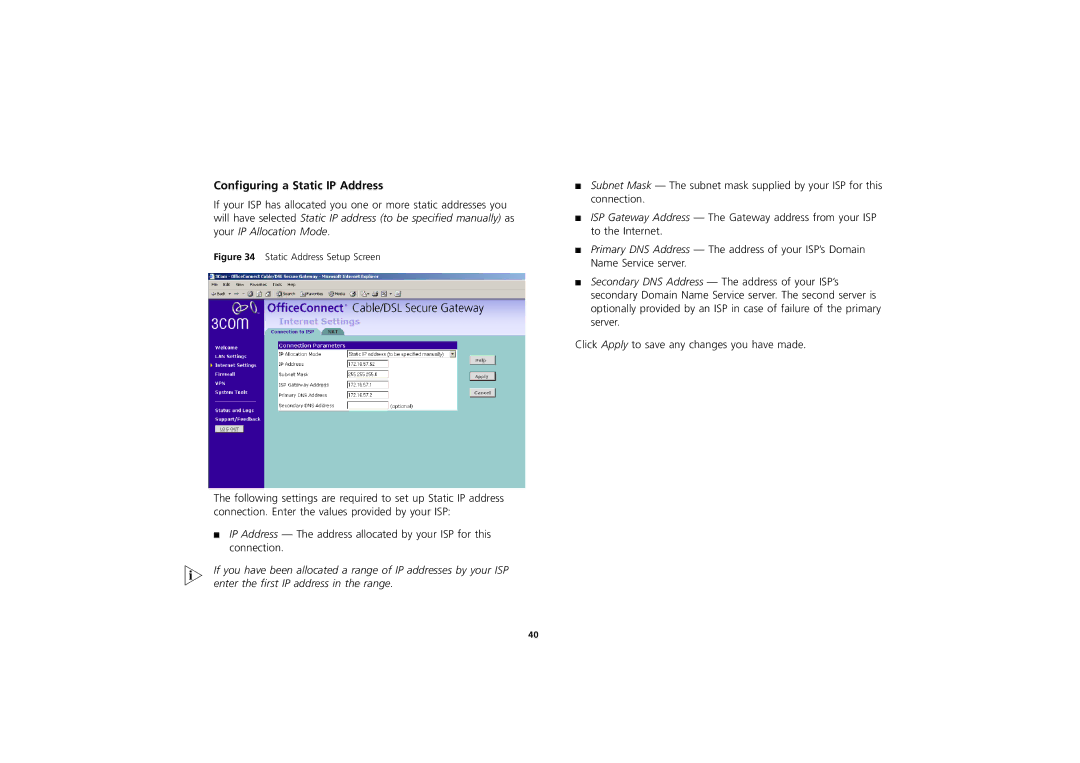 3Com 3CR856-95 manual Configuring a Static IP Address, Static Address Setup Screen 