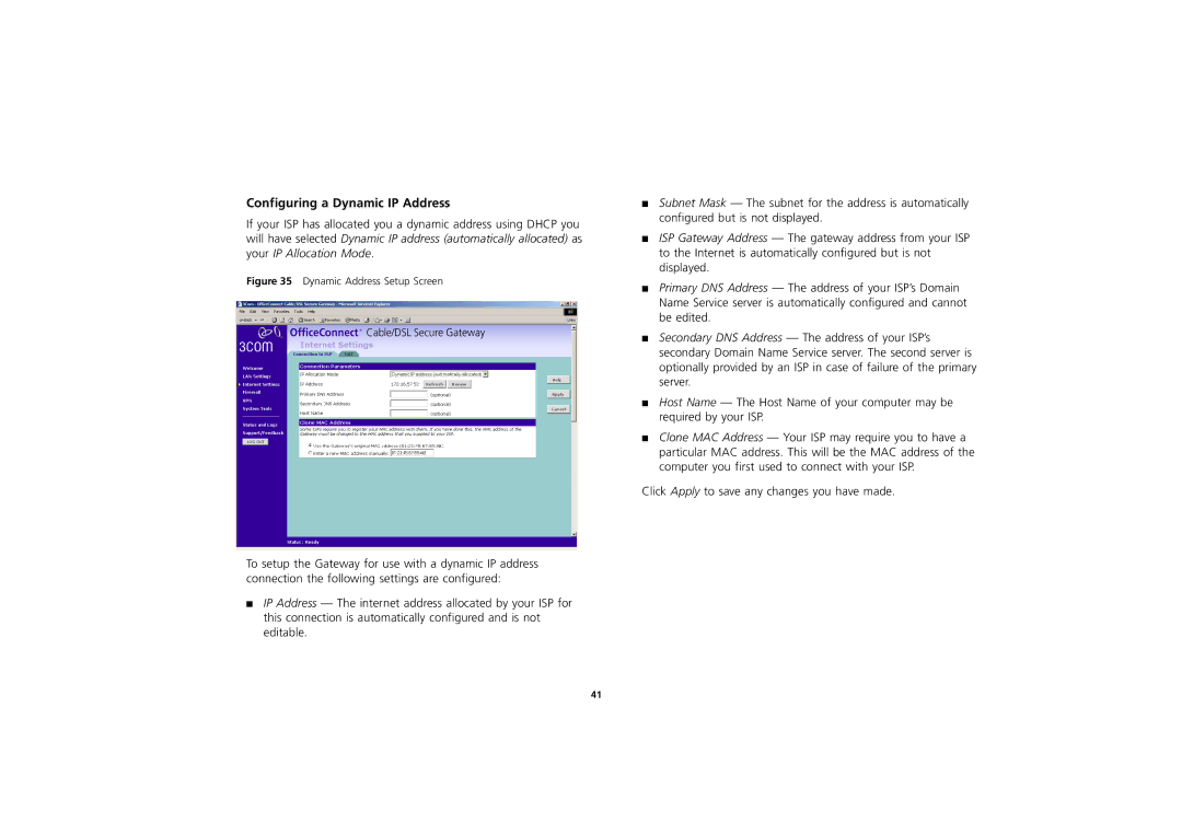 3Com 3CR856-95 manual Configuring a Dynamic IP Address, Dynamic Address Setup Screen 