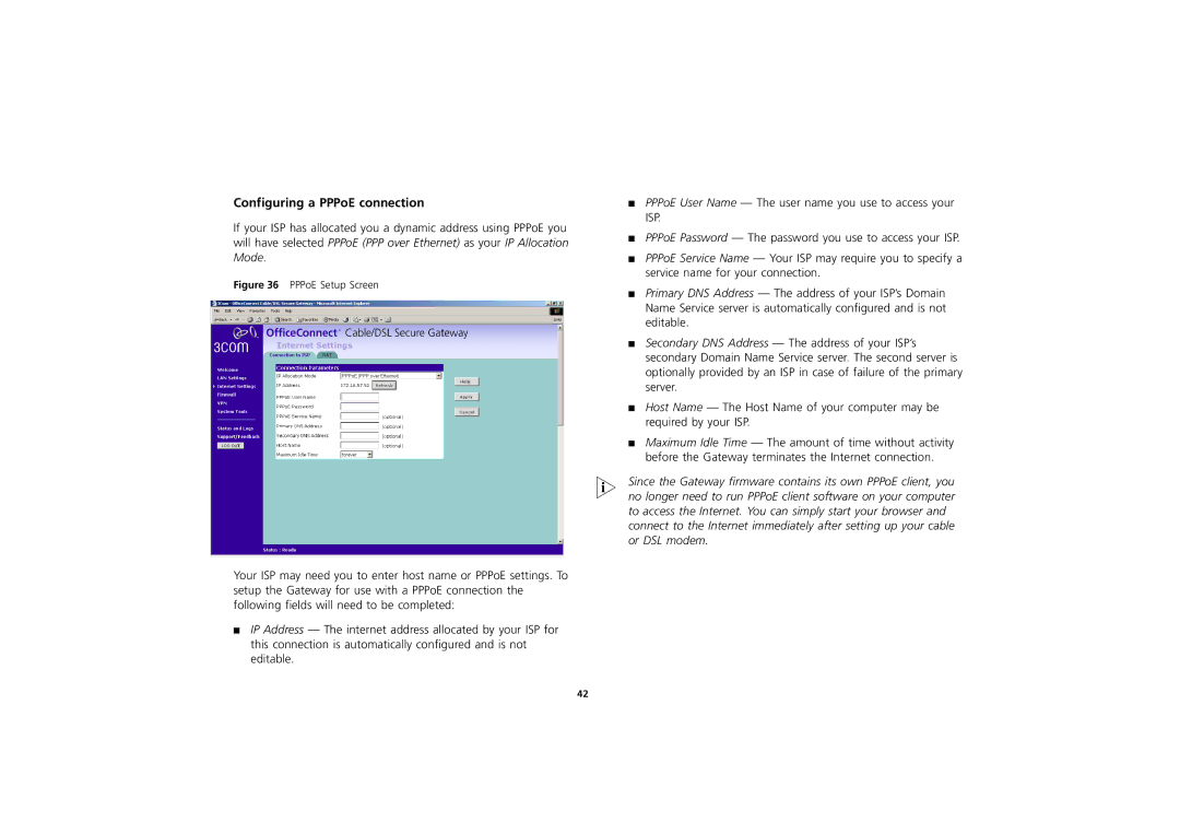 3Com 3CR856-95 manual Configuring a PPPoE connection, PPPoE Setup Screen 