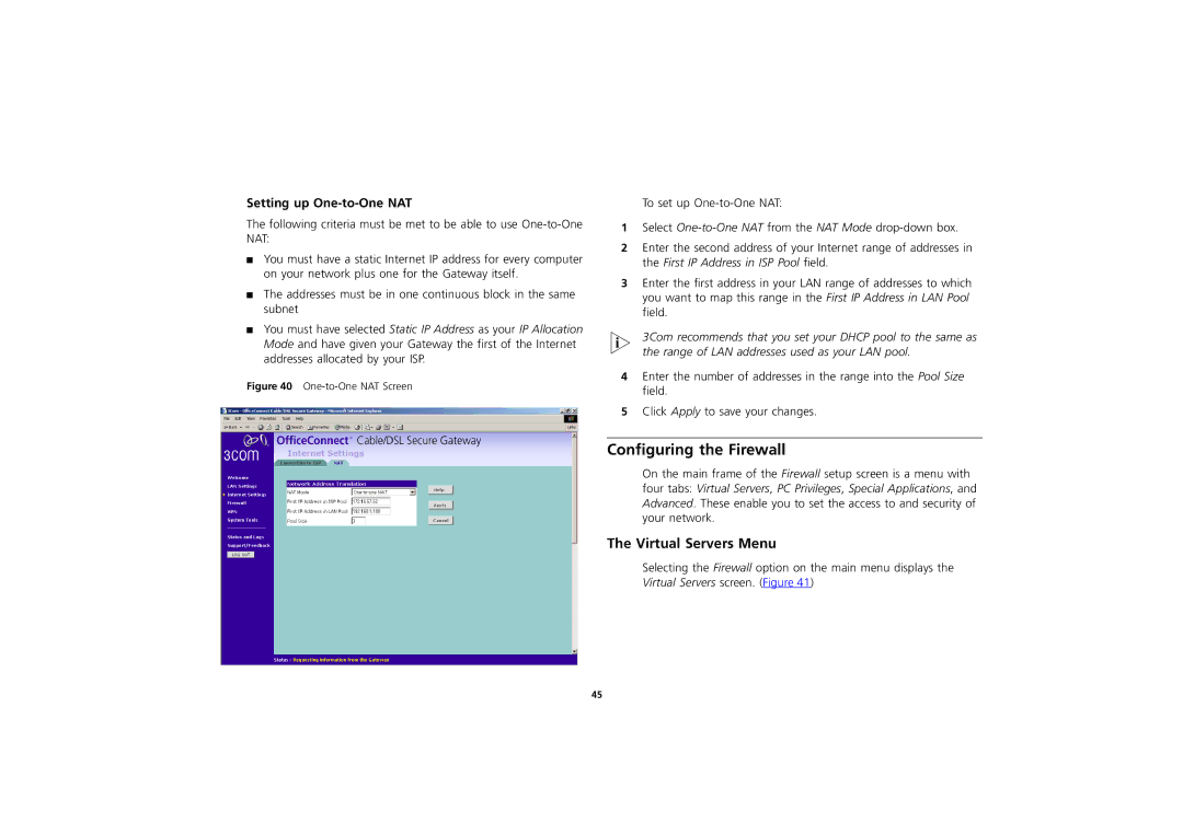 3Com 3CR856-95 manual Configuring the Firewall, Virtual Servers Menu, Setting up One-to-One NAT 