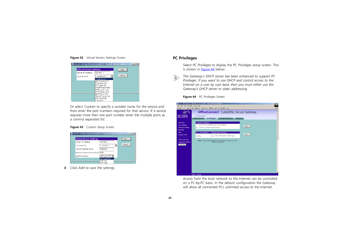 3Com 3CR856-95 manual PC Privileges, Virtual Servers Settings Screen 