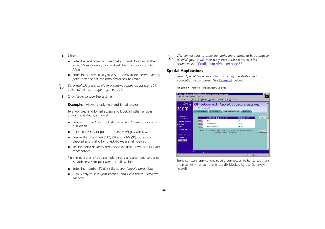 3Com 3CR856-95 manual Special Applications Screen 