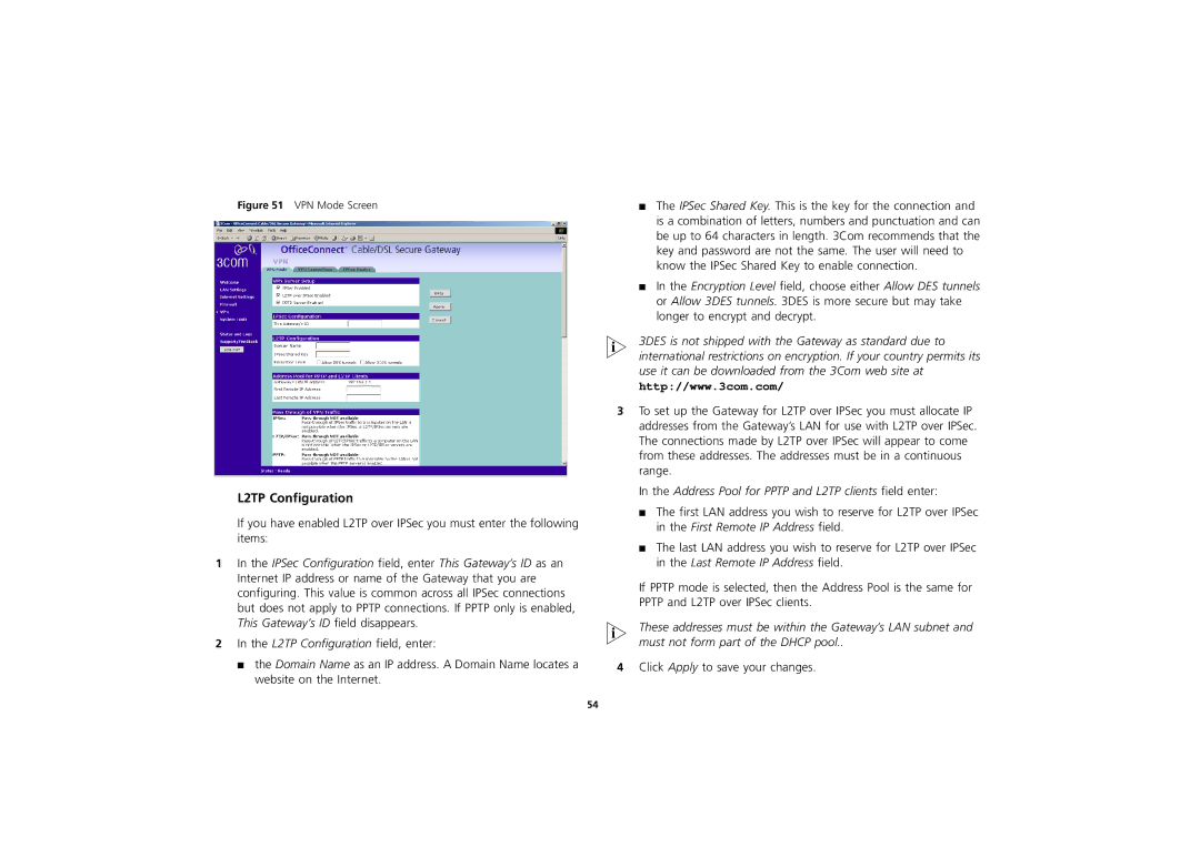 3Com 3CR856-95 manual L2TP Configuration, Address Pool for Pptp and L2TP clients field enter 