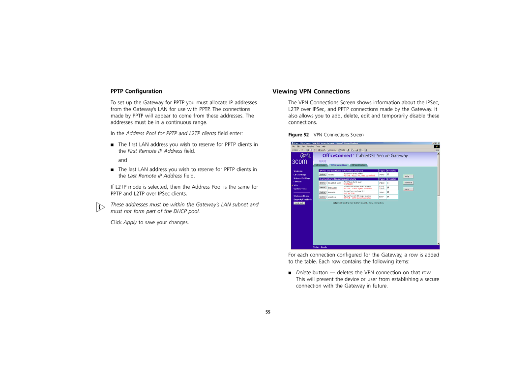 3Com 3CR856-95 manual Viewing VPN Connections, Pptp Configuration 