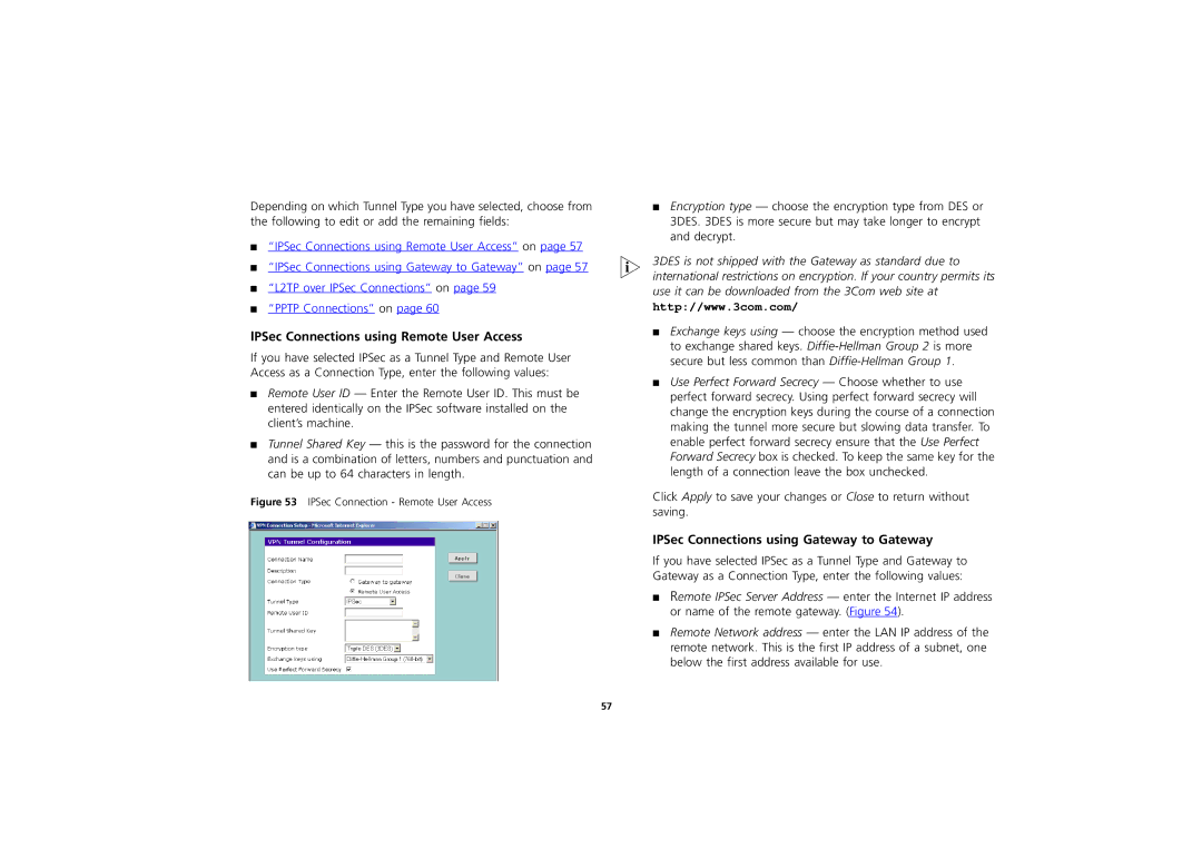 3Com 3CR856-95 manual IPSec Connections using Remote User Access, IPSec Connections using Gateway to Gateway 