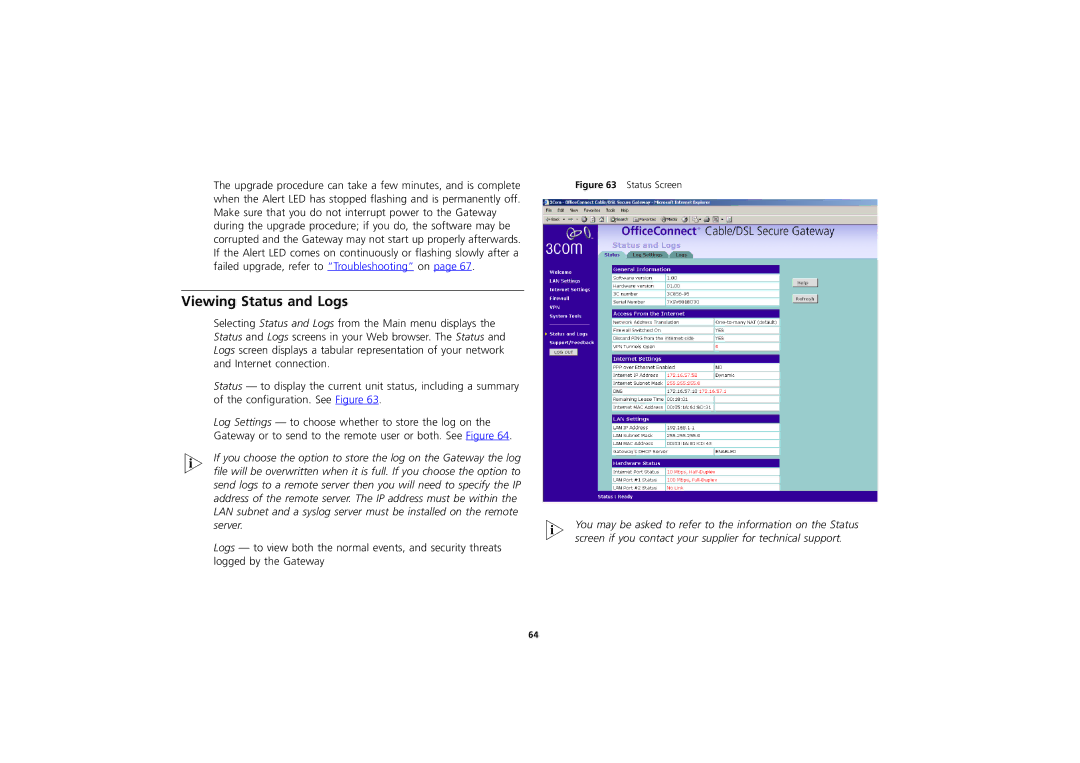 3Com 3CR856-95 manual Viewing Status and Logs, Status Screen 