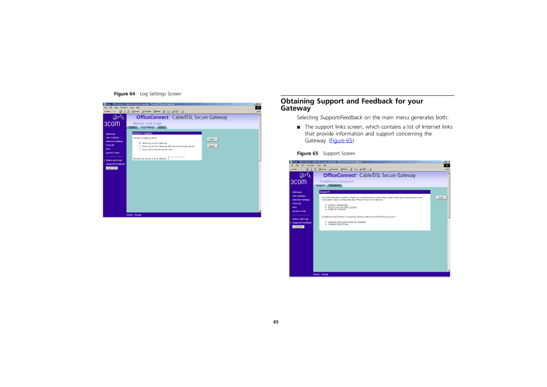 3Com 3CR856-95 manual Obtaining Support and Feedback for your Gateway, Log Settings Screen 